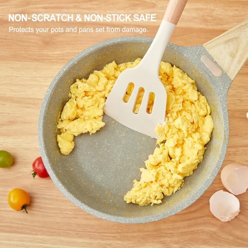Kitchen Utensils Set - 7 PCS Non-Stick Silicone Cooking Utensils Set Spatula Set with Holder, Wooden Handle Spoon,Tongs,Whisk Kitchen Gadgets Tools Set for Nonstick Cookware (Cream White-7Max)