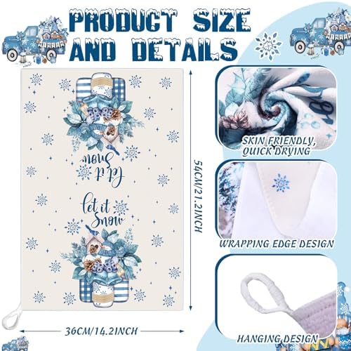 SiliFine 12 Pcs Winter Kitchen Towels Pot Holders and Oven Mitts Set 4 Blue Gnomes Dish Towels 4 Snowman Oven Mitts 4 Let It Snow Potholders for Xmas Dish Baking Decorative
