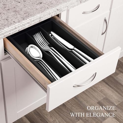 Small Silverware Organizer, Bamboo Kitchen Drawer Organizer, Utensil Holder, Cutlery Tray & Spoon Flatware Storage with Grooved Drawer Dividers (Black, 6.7''W x 12''D)