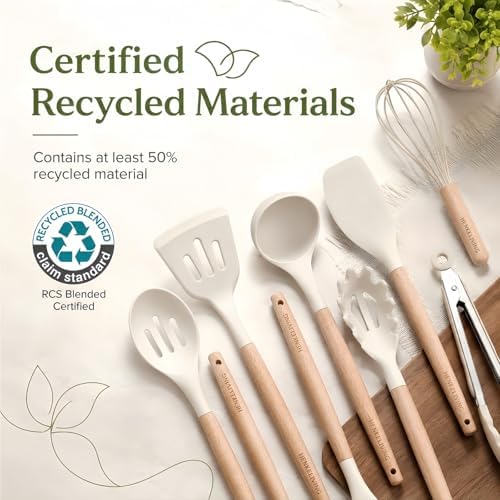 Silicone 10 Pcs Kitchen Cooking Utensils Set, Recycled Materials Certification, BPA Free Spatula Set with Heat Resistant Wood Handles for Nonstick Cookware, Cream White