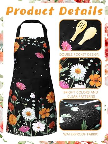 Bencailor 6 Pcs Wildflower Aprons for Women with Pockets, Waterproof
