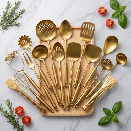 304 Stainless Steel Small and Large Spoons Set, Gold Cooking Utensils Set 16 PCS All Metal Kitchen Tools, Serving Utensils - Masher，Whisk, Fork, Tongs, Turner, Ladle, Spatula，Skimmer, Pasta