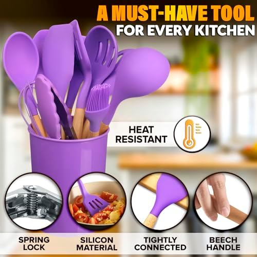 12 Pcs Purple Kitchen Accessories with Holder for Nonstick Cookware
