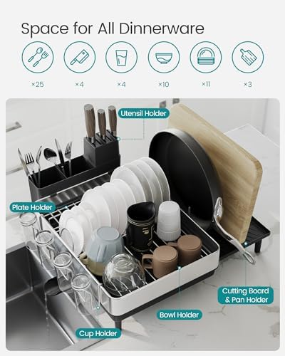 SONGMICS Dish Drying Rack, Expandable Stainless Steel, with Rotatable Spout
