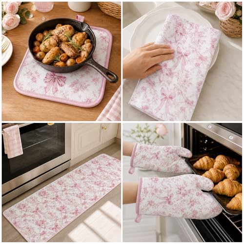 Pink Bows Kitchen Decor Set, 10 Pcs Coquettte Bow Home Accessories with Kitchen Rugs, Towels, Pot Holders Resistant Glove and Oven Mitt for Cooking Baking House Supply Gifts