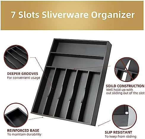 Bamboo Silverware Holder Drawer Utensil Organizer with 7 Slots Black