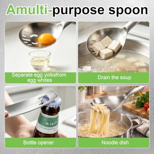 5-in-1 Stainless Steel Cooking Spoon, Multifunctional Kitchen Spoons with Potato Garlic Masher, Egg Yolk Separator, Grater Plate & Metal Slotted Scoop for Stirring Mashing