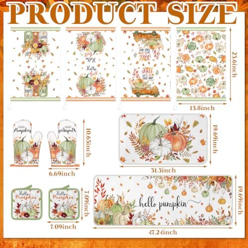 Fanfanwin 10 Pcs Fall Pumpkin Kitchen Decor Set Kitchen Towels Pot Holders Oven Mitts and Rugs Set Thanksgiving Towels for Baking Cooking BBQ Autumn Home(Little Fresh,Light Color,10)
