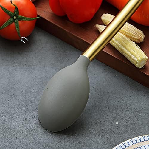 Berglander Non-stick Silicone Solid Serving Spoon, Titanium Gold Plating handle, Basting Spoon, Dishwasher Safe, Easy to Clean