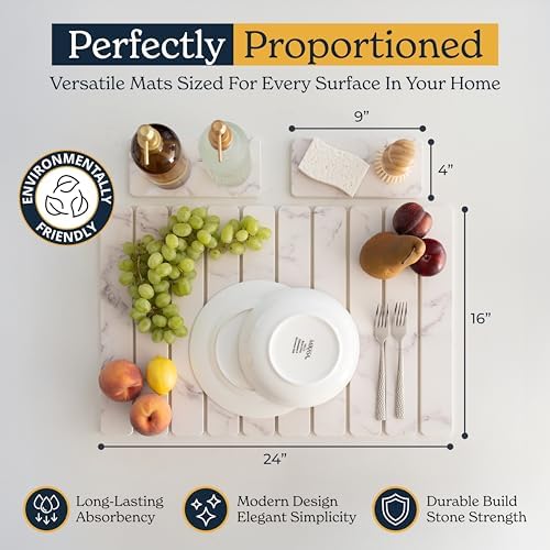 Oleex 3-Pack Stone Dish Drying Mat Set Includes 1 Large 24”x16” & 2 Small 4”x9” for Kitchen Counter-Collapsible Diatomaceous Earth Pad Absorbs Water & Dries Dishes Fast, Non-slip, Odor-Resistant Mats