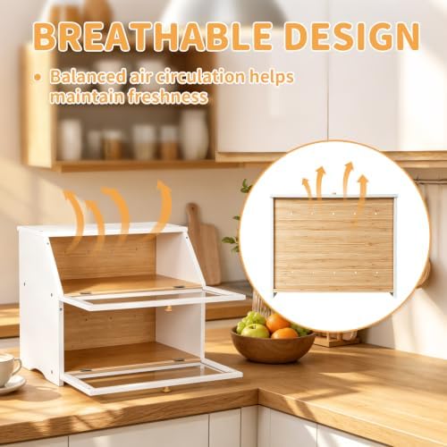 HOMEKOKO Double Layer Wood Bread Box for Kitchen Counter,Keep Fresh, White