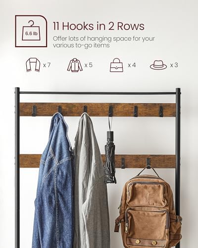 VASAGLE Coat Rack, Hall Tree with Shoe Storage Bench, 3-in-1, Steel Frame
