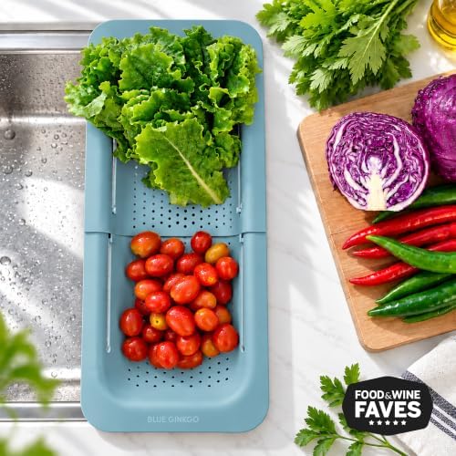 BLUE GINKGO Over the Sink Colander Strainer Basket - Wash Vegetables and Fruits, Drain Cooked Pasta and Dry Dishes - Extendable - New Home Kitchen Essentials (7.9 W x 14.5-19.5 L x 2.75 H) - Teal