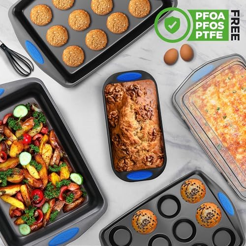 NutriChef Nonstick Bakeware Set of 6, Baking Pan with Cookie Sheets, 12-cup Muffin & Loaf pan – Easy to Clean, Oven Safe, Durable Warp Resistance Carbon Steel Pan Set for Baking, Roasting, & Cooking
