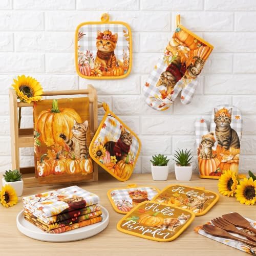 Silifine 12 Pcs Fall Pumpkin Cat Pot Holders Oven Mitts Kitchen Towels Set