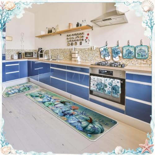 Fanfanwin 10 Pcs Fall Pumpkin Kitchen Decor Set Kitchen Towels Pot Holders Oven Mitts and Rugs Set Thanksgiving Towels for Baking Cooking BBQ Autumn Home(Ocean Pumpkin,Navy Blue,10)