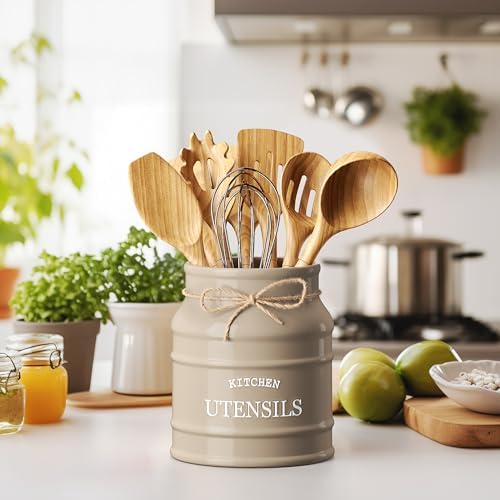 Barnyard Designs Ceramic Kitchen Utensil Holder Countertop 6.75″ (Taupe)