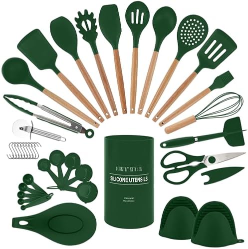 Country Kitchen Non Stick Silicone Utensil Set with Rounded Wood Handles for Cooking and Baking, 38 Piece Set, Green