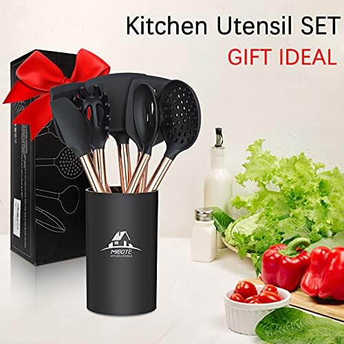MIBOTE Silicone Cooking Kitchen Utensils Set, Wooden Handle, Coffee