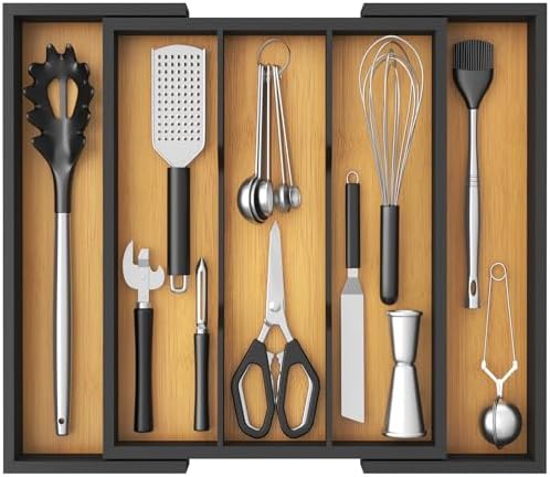 Lifewit Bamboo Utensil Organizer for Kitchen Drawer, Cooking Utensil Tray