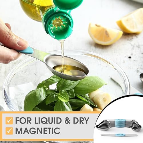 Spring Chef Stainless Steel Magnetic Measuring Spoons Set of 8, Aqua Sky
