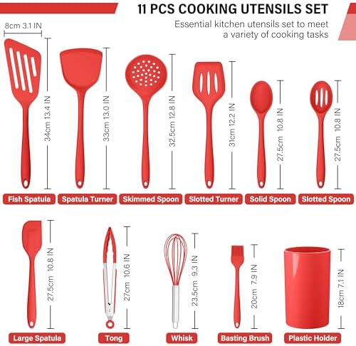 HaWare 11 PCS Silicone Cooking Utensils Set, Heat Resistant Kitchen Utensils with Holder, Food-grade Spatula Sets for Nonstick Cookware, Kitchen Tools Gadgets Include Fish Turner, Spoon (Red)