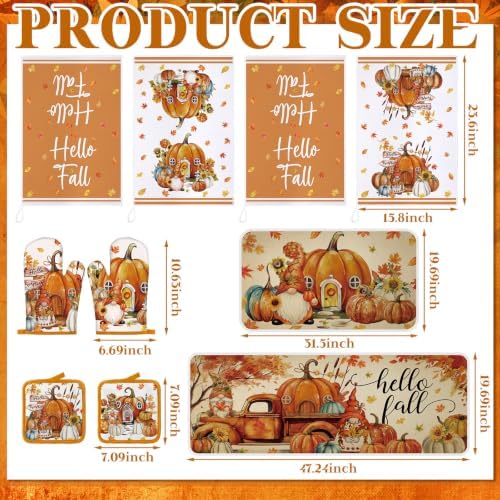 Fanfanwin 10 Pcs Fall Pumpkin Kitchen Decor Set Kitchen Towels Pot Holders Oven Mitts and Rugs Set Thanksgiving Towels for Baking Cooking BBQ Autumn Home(Maple Leaf,White, Orange,10)