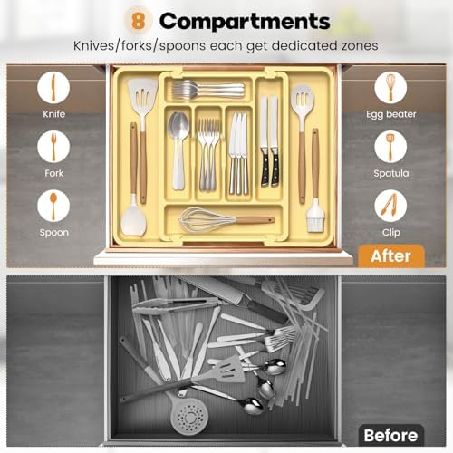 Caperci Large Silverware Organizer for Kitchen Drawer & Utensils - Expandable Drawer Organizer for Cutlery, Flatware & Gadget, BPA-Free Thick Plastic, Wider Compartments & Non-skid Feet (Desert Sand)