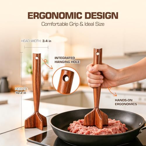 Teak Wooden Meat Chopper, Ground Beef Chopper Tool, Hamburger Smasher, Potato Masher & Chicken Shredder, Durable Wood Meat Pounder Kitchen Utensil, Cooking Gadget 10.5 Inches（RedTeak）