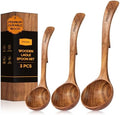 Wooden Ladle for Soup, 3 Size Teak Wood Ladle Spoon with Back Hooks, Heat Resistant Wooden Spoons for Cooking, Non-Stick, Comfortable Grip, Wood Kitchen Utensils Set for Serving, Stirring
