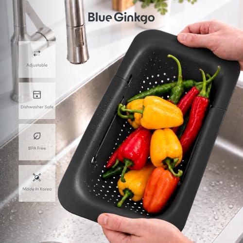 Blue Ginkgo Over Sink Colander, Extendable Kitchen Strainer, 2-Pack, Black