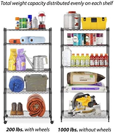 Whitmor 5 Tier Supreme Shelving Unit, Metal Storage Shelves, Adjustable Heavy Duty Shelf with Wheels, 400 lbs Capacity per Shelf, 2000 lbs Total for Pantry, Garage, Kitchen, Black