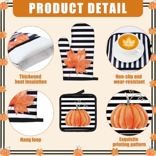 Fanfanwin 10 Pcs Fall Pumpkin Kitchen Decor Set Kitchen Towels Pot Holders Oven Mitts and Rugs Set Thanksgiving Towels for Baking Cooking BBQ Autumn Home(Stripe Pumpkins,Black, White, Orange,10)