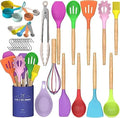 Umite Chef Kitchen Cooking Utensils Set, 33 pcs Non-stick Silicone Cooking Kitchen Utensils Spatula Set with Holder, Wooden Handle Silicone Kitchen Gadgets Utensil Set (Colorful)
