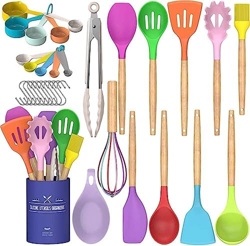 Umite Chef Kitchen Cooking Utensils Set, 33 pcs Non-stick Silicone Cooking Kitchen Utensils Spatula Set with Holder, Wooden Handle Silicone Kitchen Gadgets Utensil Set (Colorful)