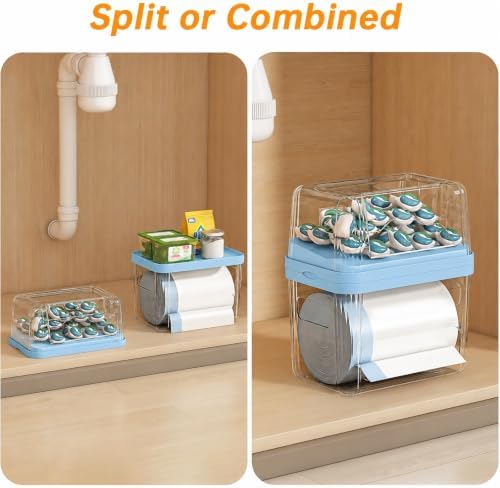 2-in-1 Trash Bag Holder Laundry & Dishwasher Pods Container,Garbage Bag Dispenser with Removable Lids,Kitchen Organizer and Under Sink Storage Box (Blue)