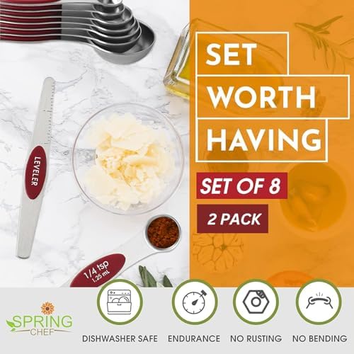 Spring Chef Stainless Steel 8 Magnetic Measuring Spoons Set, 2 Pack, Red