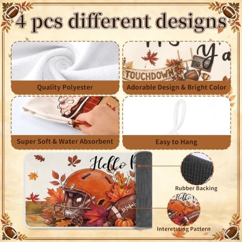 Fanfanwin 10 Pcs Fall Pumpkin Kitchen Decor Set Kitchen Towels Pot Holders Oven Mitts and Rugs Set Thanksgiving Towels for Baking Cooking BBQ Autumn Home(Football,Dark Orange,10)