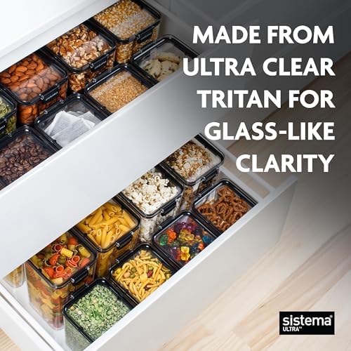 Sistema Tritan Ultra Airtight Pantry & Kitchen Storage Containers, 5-Pack, Clear Stackable Square Food Storage, BPA-Free, Dishwasher & Freezer-Safe (Microwave-Safe Without Lid)