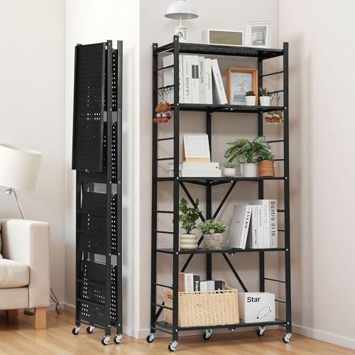 VEVOR 5-Tier Foldable Storage Shelf, 28W x 13D x 66H Inch Folding Metal Rack Shelving Unit, No Assembly Organizer Shelf with 5 Wheels & 4 Hooks for Pantry, Kitchen, Garage, Basement, Black