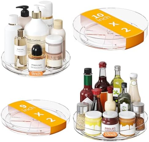 4 Pack Clear Lazy Susan, 9+10 Inch Turntable Organizer, Non-Skid Rotating Tray for Cabinet, Kitchen Pantry Organization and Storage, Acrylic Spinner for Refrigerator, Bathroom Vanity and Spice Rack