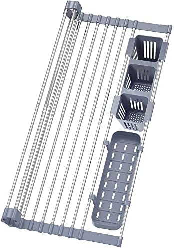 BBXTYLY Expandable Roll Up Dish Drying Rack Up to 22.8''with 2 Storage Baskets,Over The Sink Kitchen Rolling up Dish Drainer Drying Rack, Foldable,Rollable,for Kitchen Dishes(Expandable Width Size)