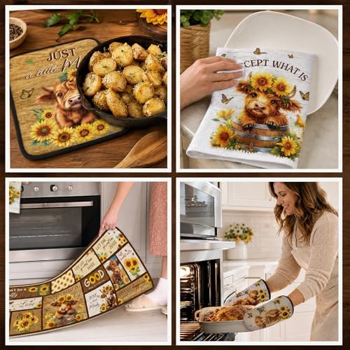 Highland Cow Kitchen Decor Set, 10 Pcs Highland Cattle Sunflower Farmhouse Kitchen Rugs, Dish Towels, Pot Holders & Oven Mitts, Heat Resistant Cooking Baking Accessories for Home Gifts