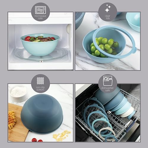 COOK WITH COLOR Mixing Bowls with Lids - 12 Piece Plastic Nesting Bowls Set includes 6 Prep Bowls and 6 Lids, Microwave Safe Mixing Bowl Set, Blue Tritan Lid