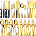EUIRIO 24 Pcs Gold Silverware Set with Steak Knives Food Grade Stainless Steel Flatware Set for 4 Cutlery Utensil Set Includes Knife Mirror Polished Dishwasher Safe for Home Restaurant