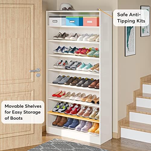 Tribesigns Shoe Cabinet, 9 Tiers 40-45 Pairs Heavy Duty Wood Freestanding Shoe Storage Cabinet, 70.8'' Tall Shoe Organizer with Open Storage for Entryway, White