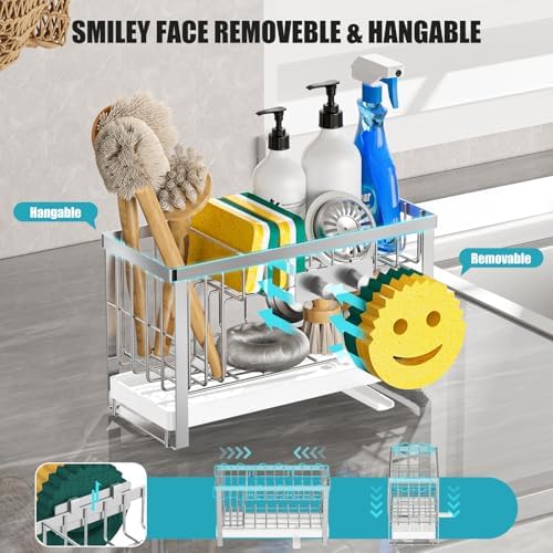 Sponge Holder for Kitchen Sink with Flexible Sink Caddy Smiley Face,2 Tier Kitchen Sink Organizer Countertop and Storage Essentials,Soap Dispenser Organize,Home Decor Accessories-Silver