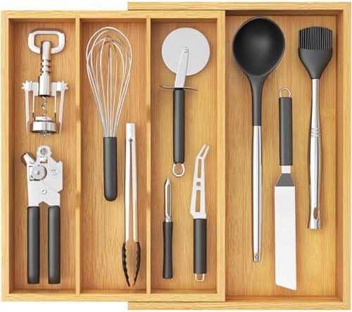 Lifewit Bamboo Utensil Organizer for Kitchen Drawer, Cooking Utensil Tray