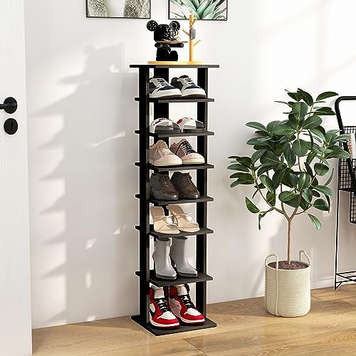 COSTWAY 8-Tier Vertical Shoe Rack, Tall Narrow Shoe Storage Organizer with Removable Shelf for Boots, Anti-Tipping Kit, Space-Saving Shoe Stand with for Small Place, Entryway (Black)