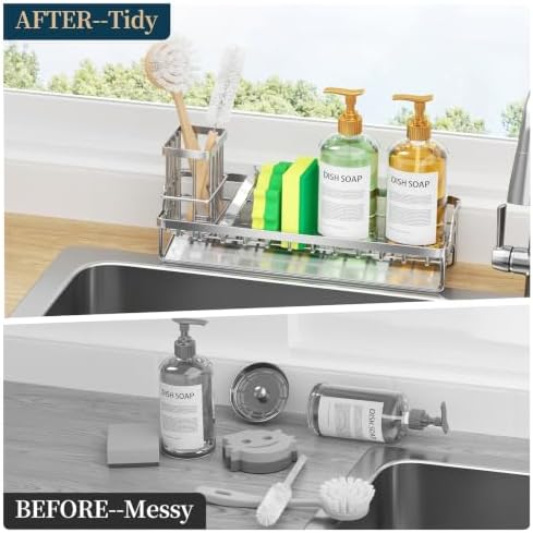 Consumest Sponge Holder for Kitchen Sink - Sink Caddy with Stainless Steel Self Drain Tray, Sink Organizer with High Brush Holder Countertop for Kitchen Sink Accessories, Silver-Extra Large